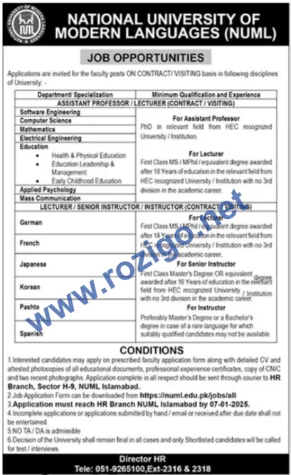 National University of Modern Languages NUML Jobs 2025 Apply Online