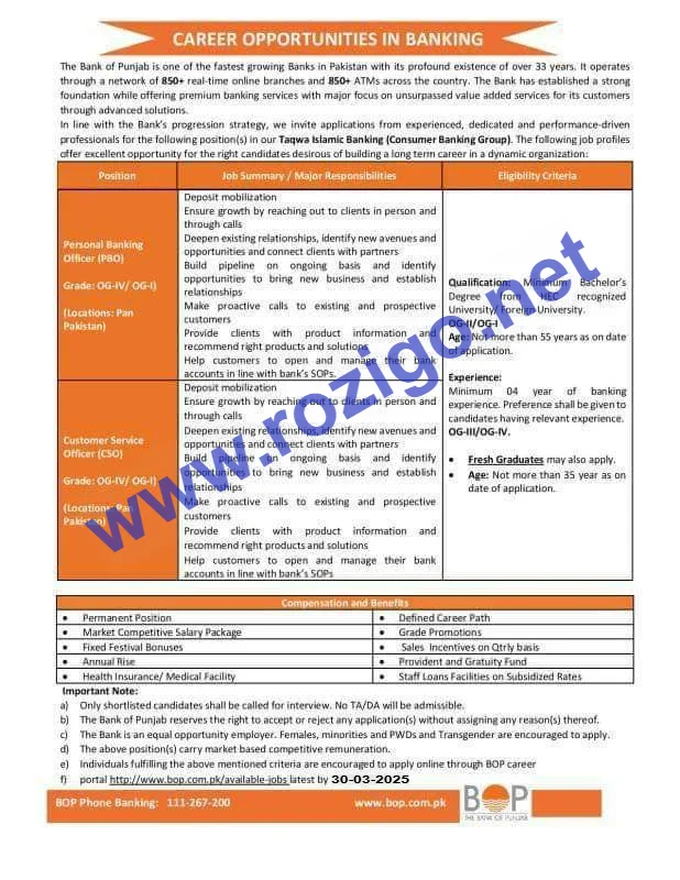 Latest Jobs Bank of Punjab 2025 BOP Apply Online