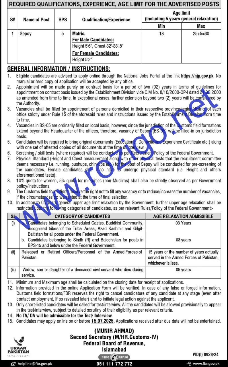 FBR Jobs 2025 Online Apply Punjab Federal Board of Revenue